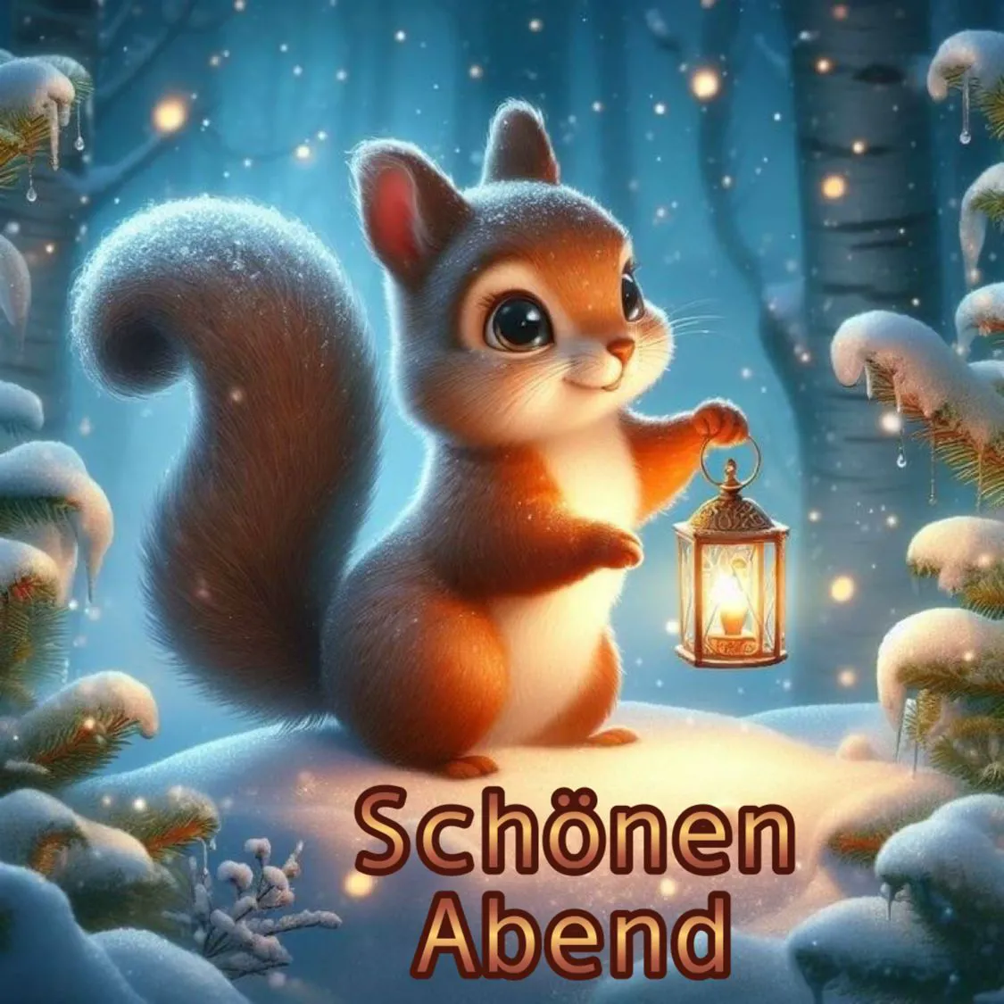 Ein niedliches Eichhörnchen mit großen Augen hält eine Laterne in einem verschneiten Winterwald. Fallende Schneeflocken erzeugen eine zauberhafte, gemütliche Abendstimmung.