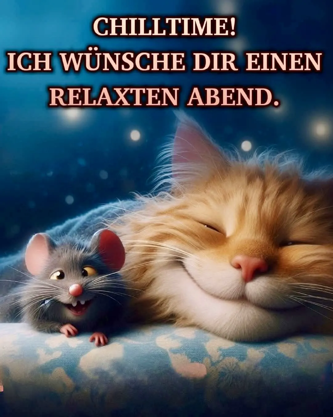 Ein friedliches Bild einer schlafenden Katze und einer danebenstehenden Maus unter einem sternenklaren Himmel.