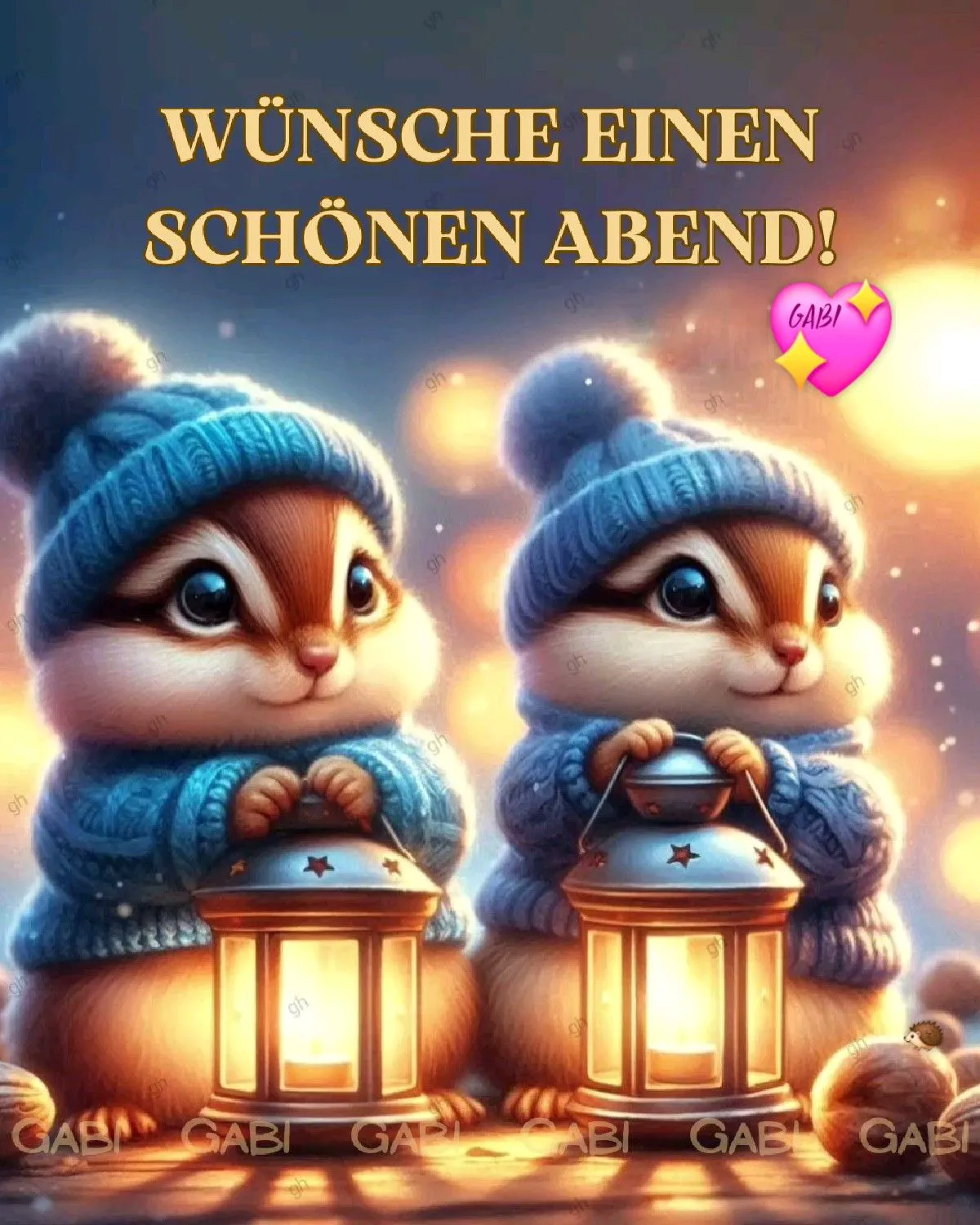 Zwei süße Eichhörnchen mit blauen Mützen und Pullovern halten leuchtende Laternen in einer magischen, verschneiten Abendlandschaft. Ein warmer Guten-Abend-Gruß.