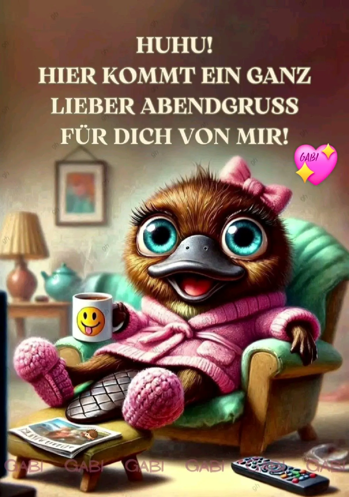 Ein niedliches Schnabeltier sitzt in einem Sessel, trägt eine rosa Jacke und ein rosa Haarband, hält einen Kaffee-Becher in der Hand und lächelt.