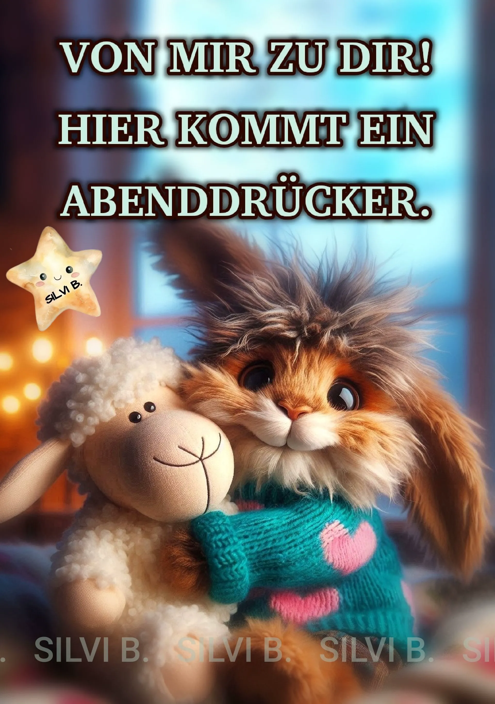 Ein süßes Bild mit einem Teddy und einem Schaf, im Hintergrund ein Fenster mit blauem Himmel.