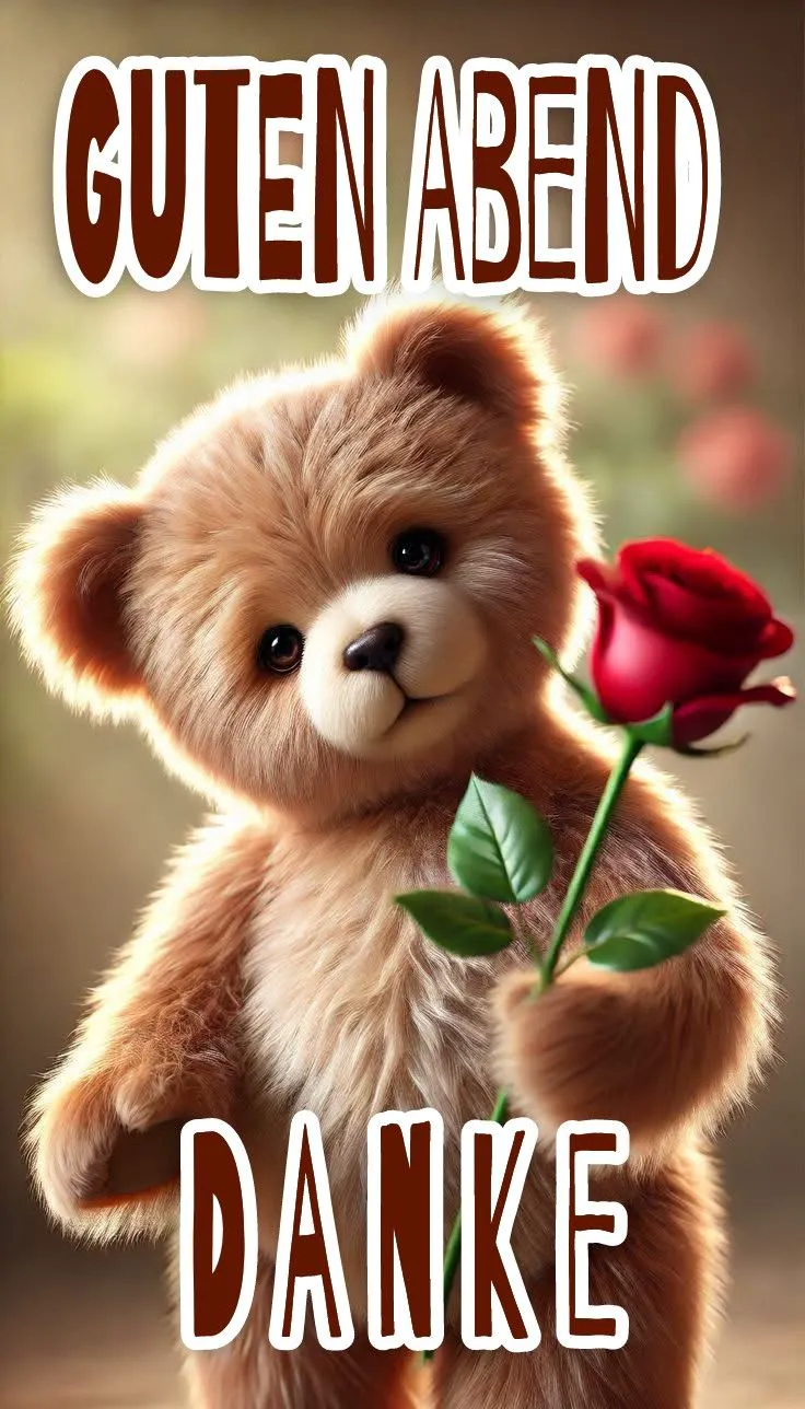 Ein flauschiger, brauner Teddybär hält eine einzelne rote Rose mit grünem Stiel in der Hand. Darüber steht „Guten Abend“ und darunter „Danke“.