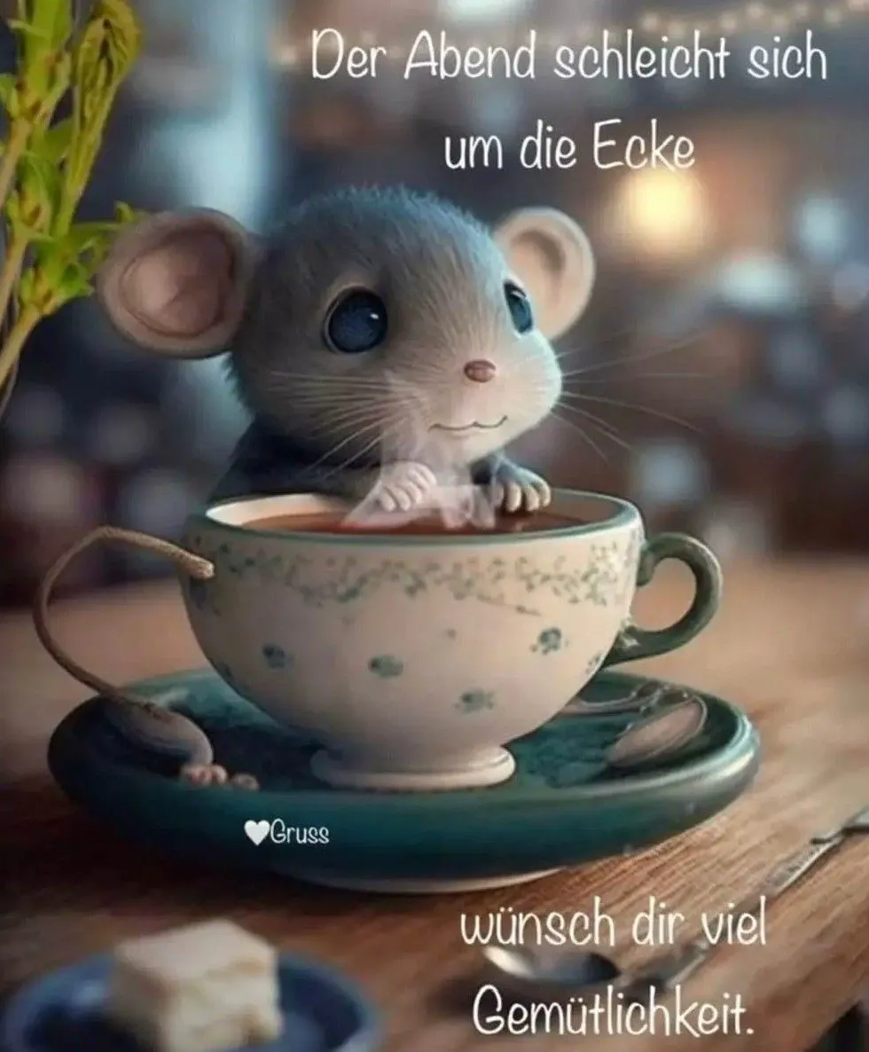 Ein niedliches Mäusen sitzt in einer Teetasse auf einem grünen Teller, umgeben von einem hellen, verschwommenen Hintergrund.