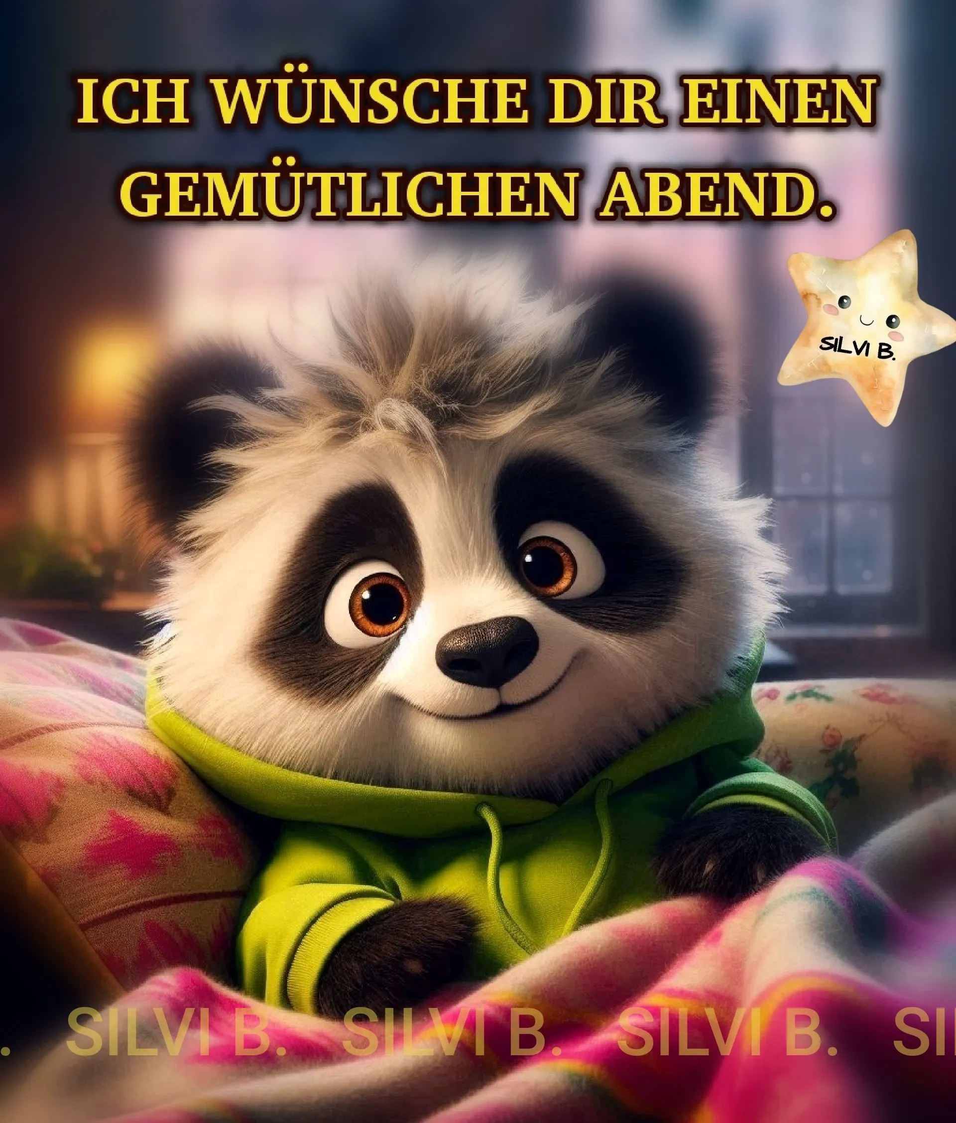 Ein niedlicher, flauschiger Baby-Panda im grünen Hoodie, kuschelt unter einer bunten Decke. Der Abendgruß lautet: Ich wünsche dir einen gemütlichen Abend. Ideal für herzliche Grüße.