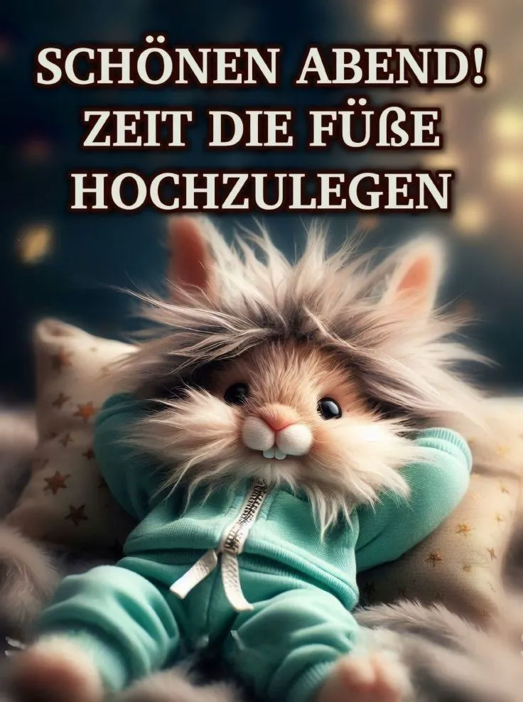 Ein süßes, flauschiges Kaninchen in mintgrünem Jogginganzug liegt entspannt auf Kissen und lädt zum Füße hochlegen ein. Perfektes Guten-Abend-Grußbild.