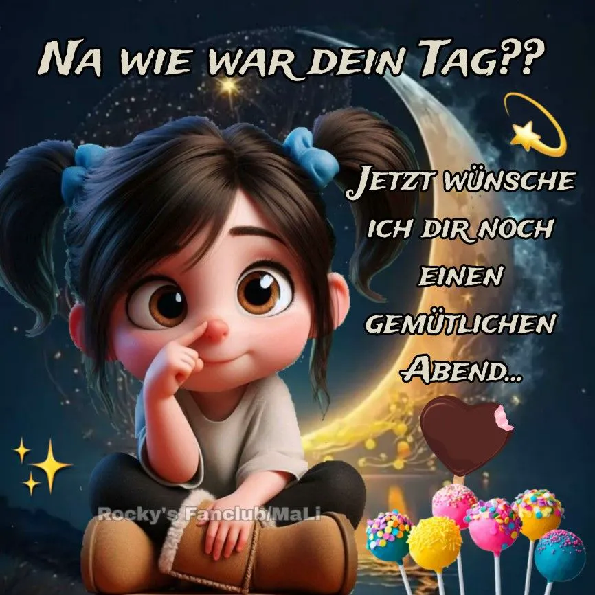 Ein Cartoon-Mädchen mit großen Augen und zwei blauen Haarbändern sitzt vor einem Mond mit Sternen und bunten Cake Pops.