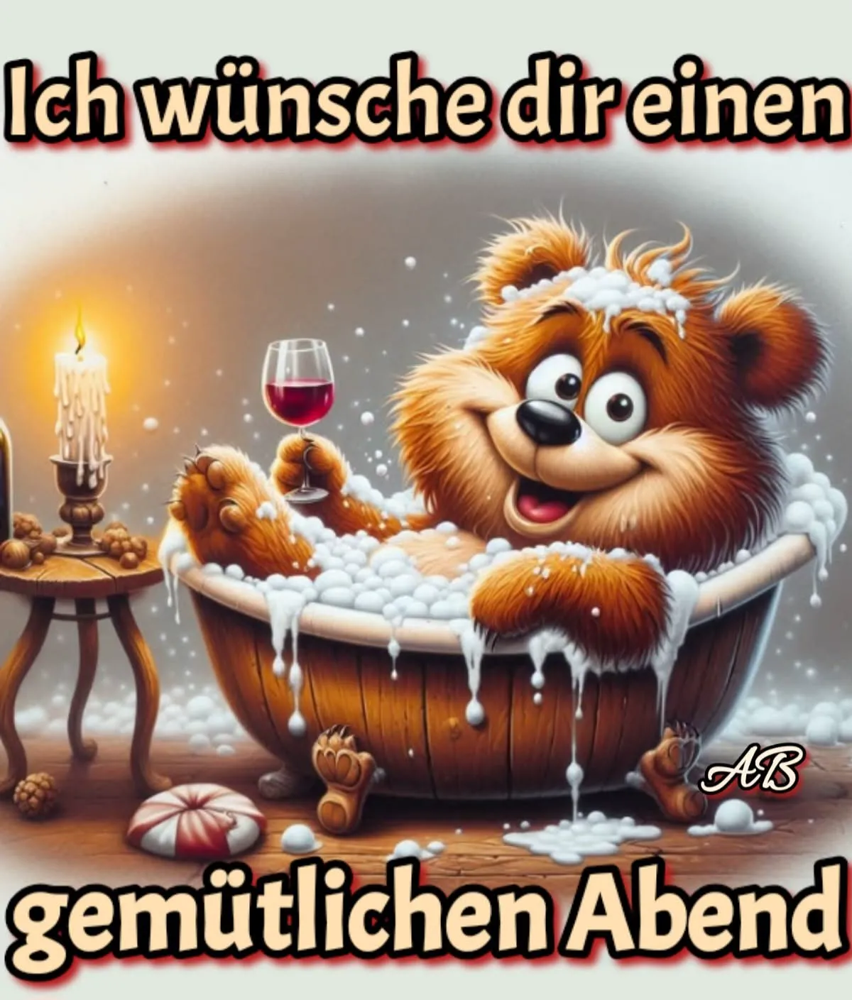 Ein fröhlicher Cartoon-Bär entspannt sich in einer Badewanne voller Schaum. Er hält ein Weinglas, eine brennende Kerze sorgt für gemütliche Abendstimmung.