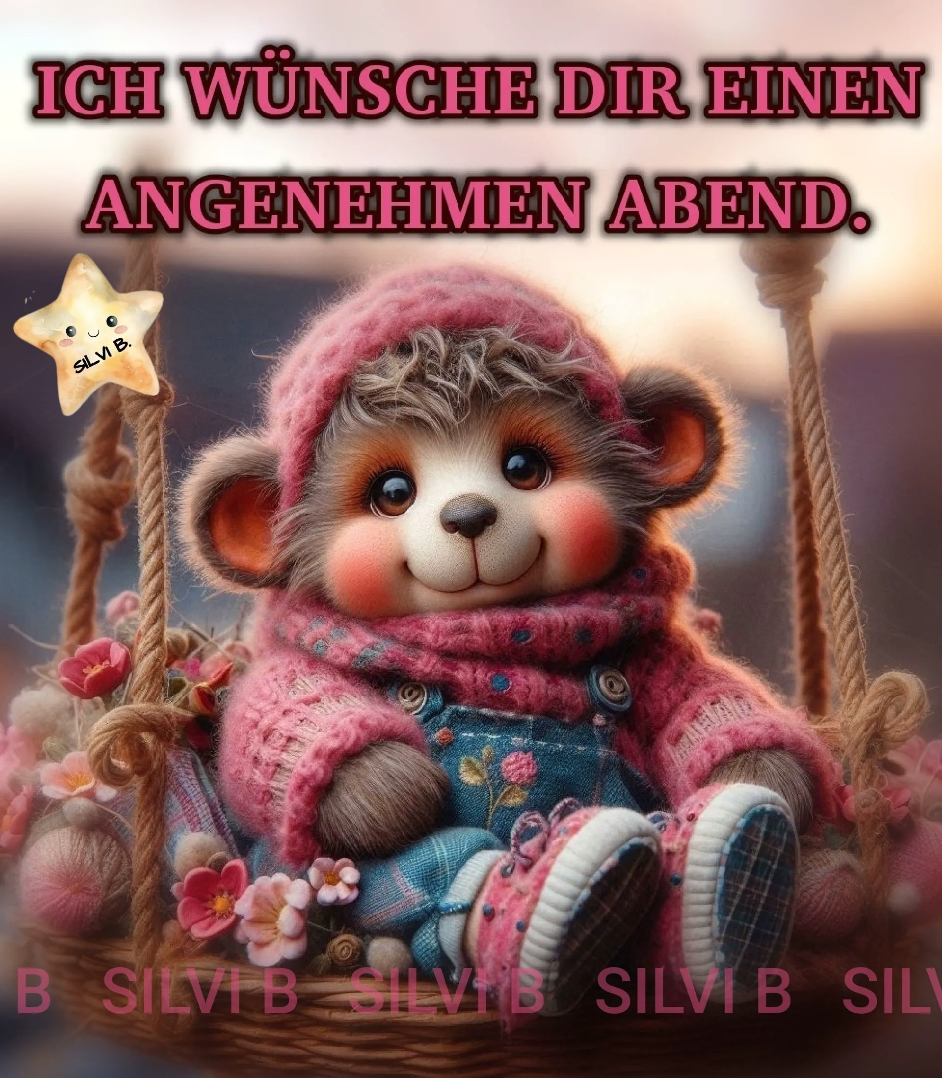 Ein niedliches Teddybärchen im rosa Pullover sitzt auf einer Schaukel, umgeben von Blumen, und wünscht einen angenehmen Abend.
