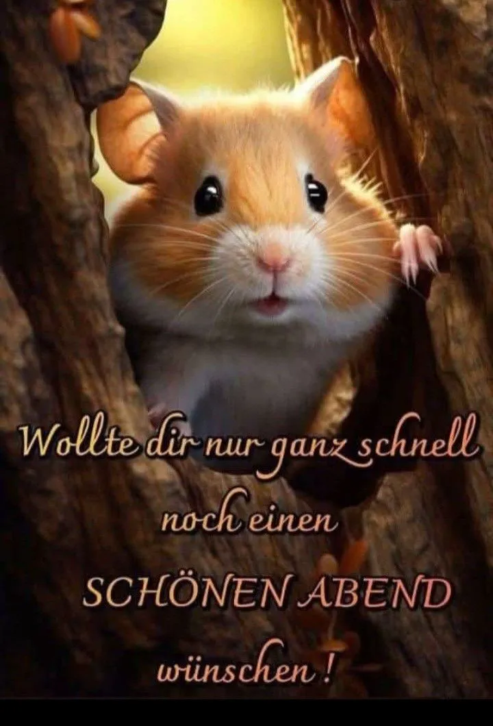 Ein niedlicher Hamster in einem Baum, der einen schönen Abend wünscht.