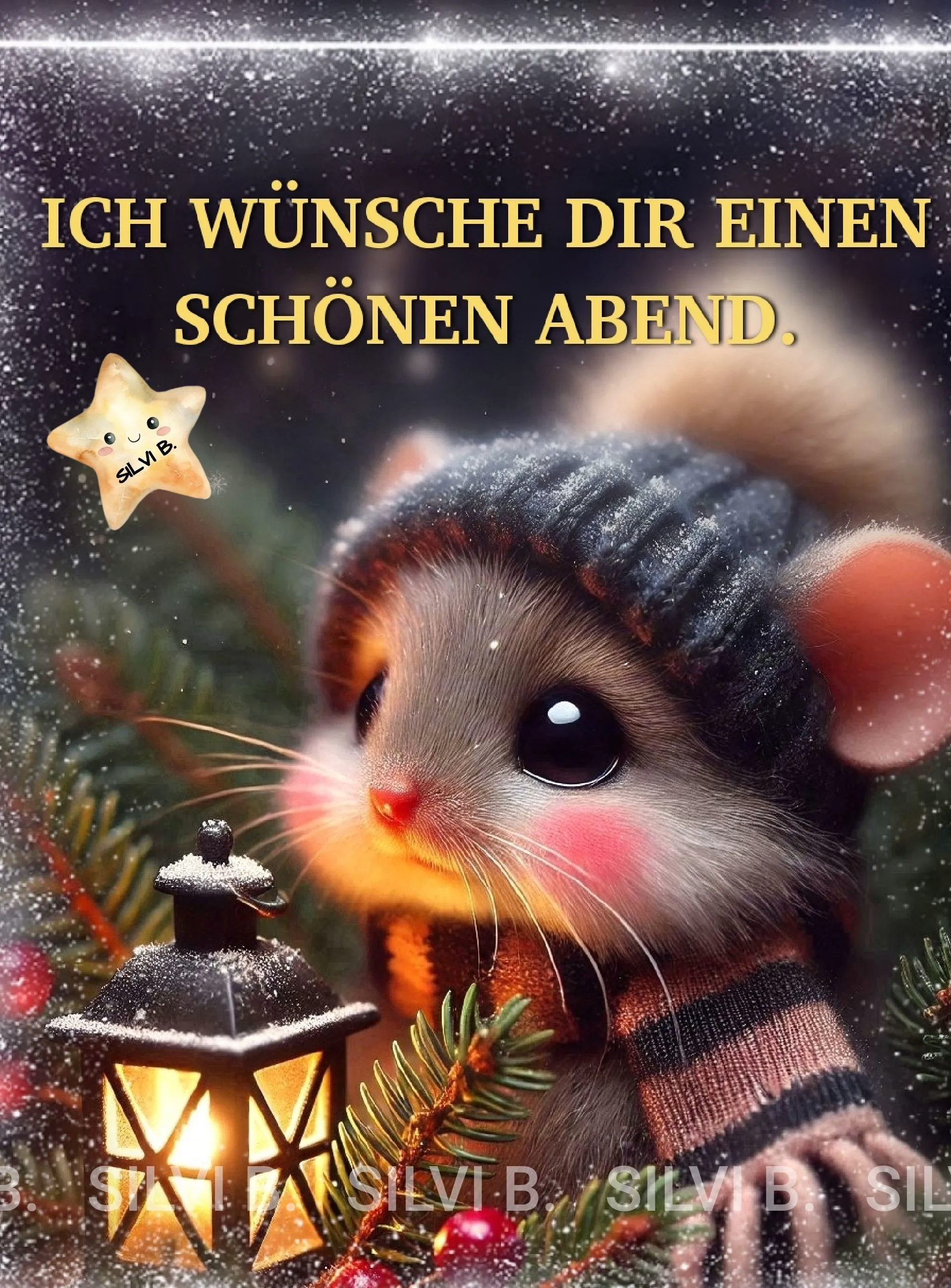 Ein niedliches Mäuschen mit Mütze und Schal neben einer Laterne im Schnee