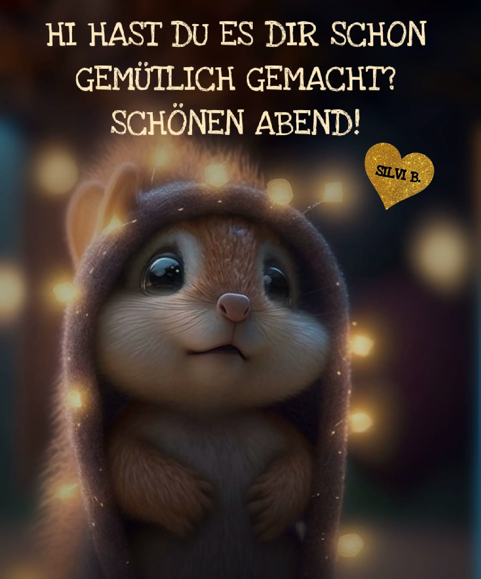 Ein süßes Eichhörnchen oder Murmeltier in einem Kapuzenpulli, umgeben von warmen Lichterketten, sendet einen herzlichen Guten-Abend-Gruß mit dem Spruch 'Schönen Abend!'