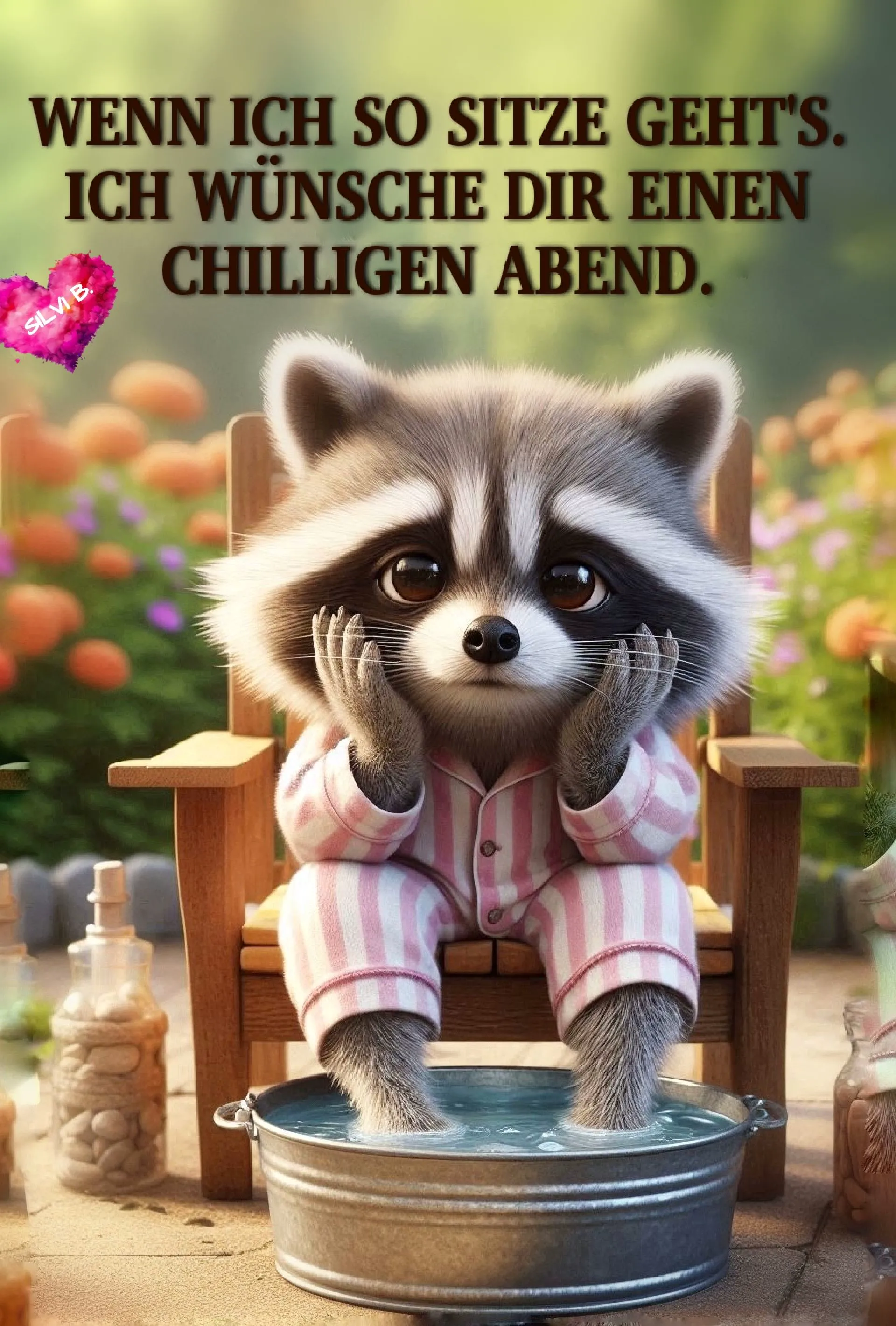 Ein niedlicher Waschbär im rosa Schlafanzug sitzt auf einem Stuhl, badet die Füße im Eimer. Er wünscht mit großen Augen einen chilligen Abend in einem entspannten Garten.