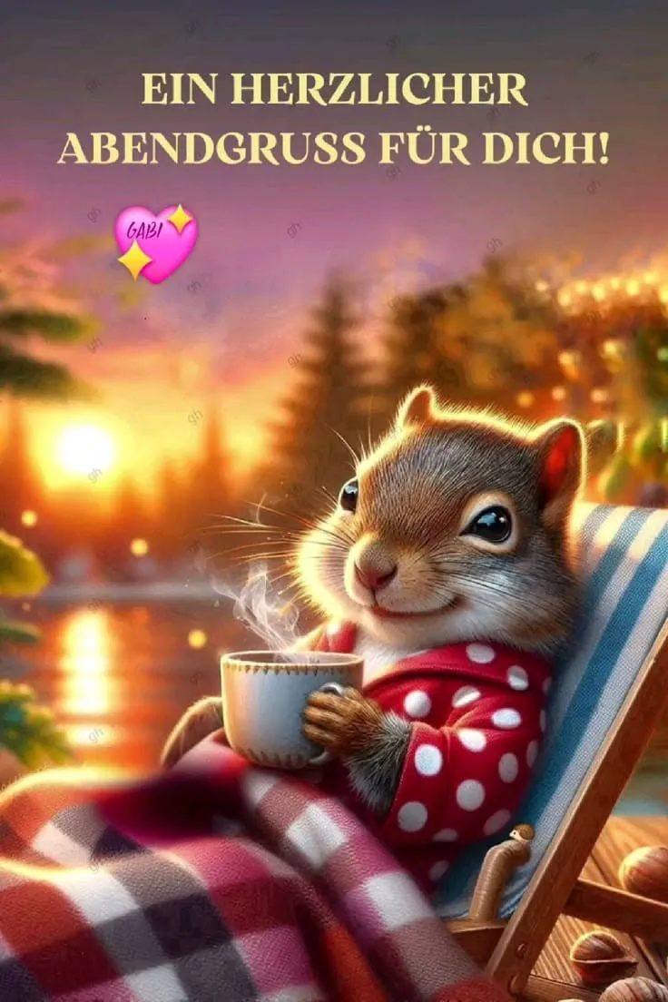 Ein Cartoon-Eichhörnchen im Liegestuhl mit einer Tasse Kaffee bei Sonnenuntergang