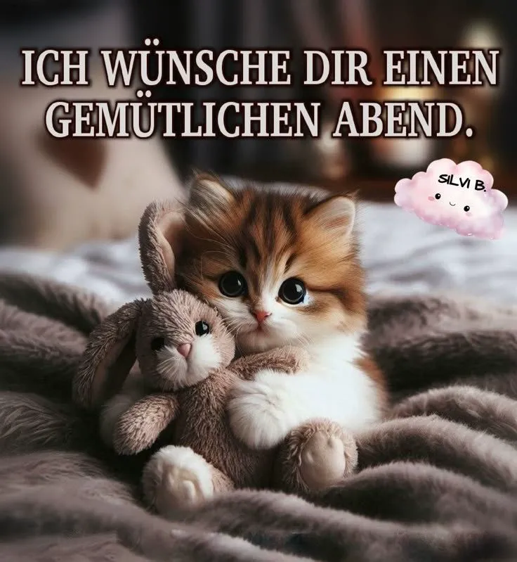 Ein entzückendes, flauschiges Kätzchen mit großen Augen kuschelt unter einer weichen grauen Decke fest ein kleines Hasenstofftier. Darüber steht der Text 'Ich wünsche dir einen gemütlichen Abend'.