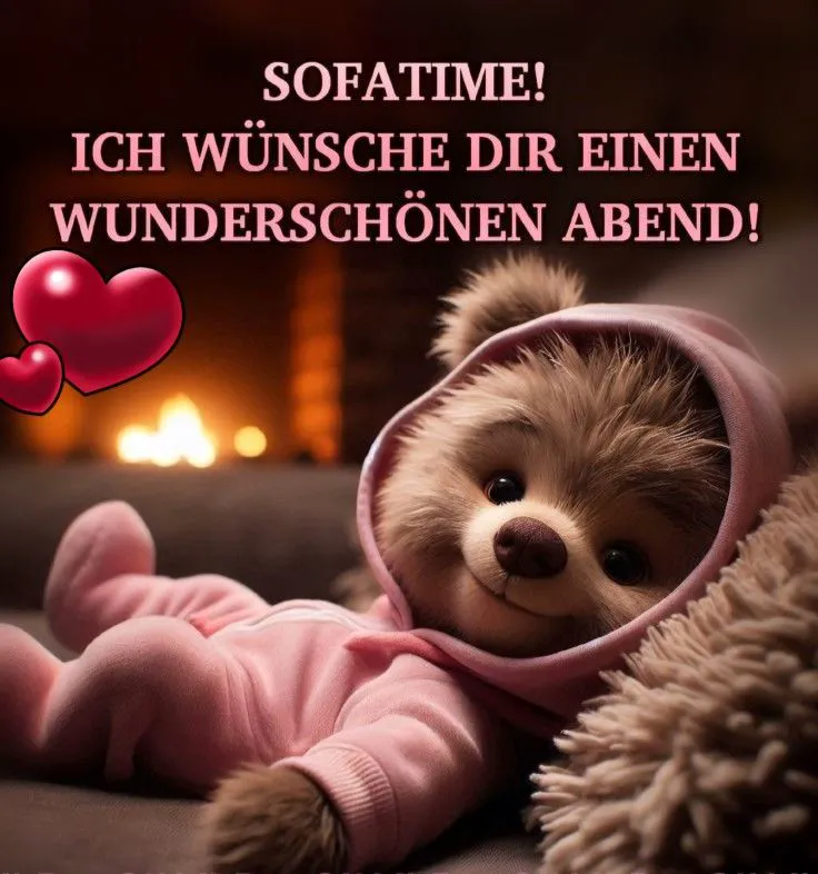 Sofatime! Guten Abend Grußbild mit süßem Teddybär
