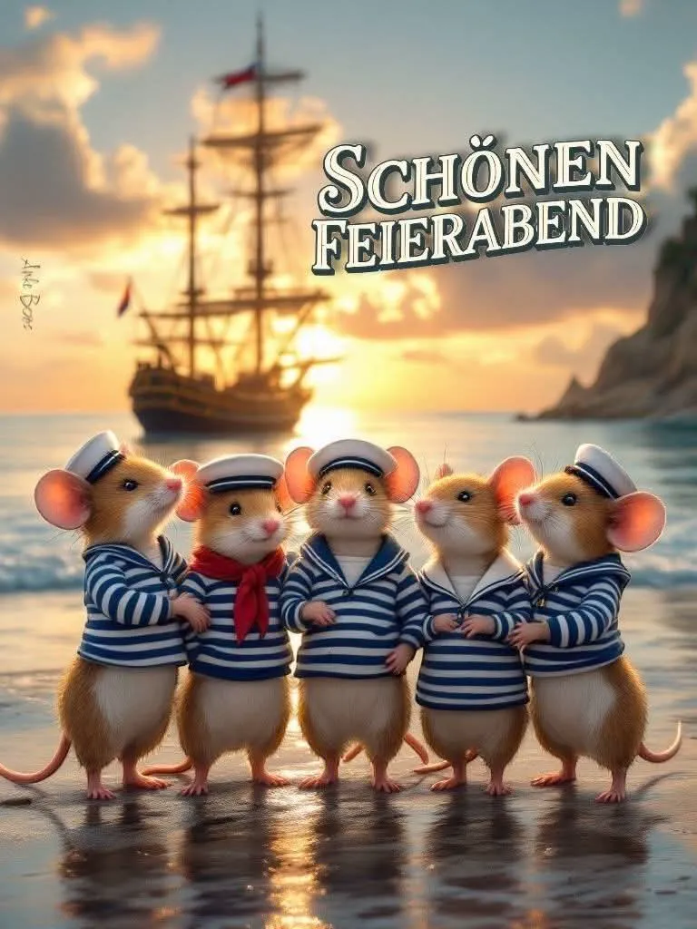 Fünf niedliche Mäuse in Matrosenkleidung stehen am Strand bei Sonnenuntergang. Ein Segelschiff ist im Hintergrund sichtbar. Sie wünschen einen schönen Feierabend und einen entspannten Abend.