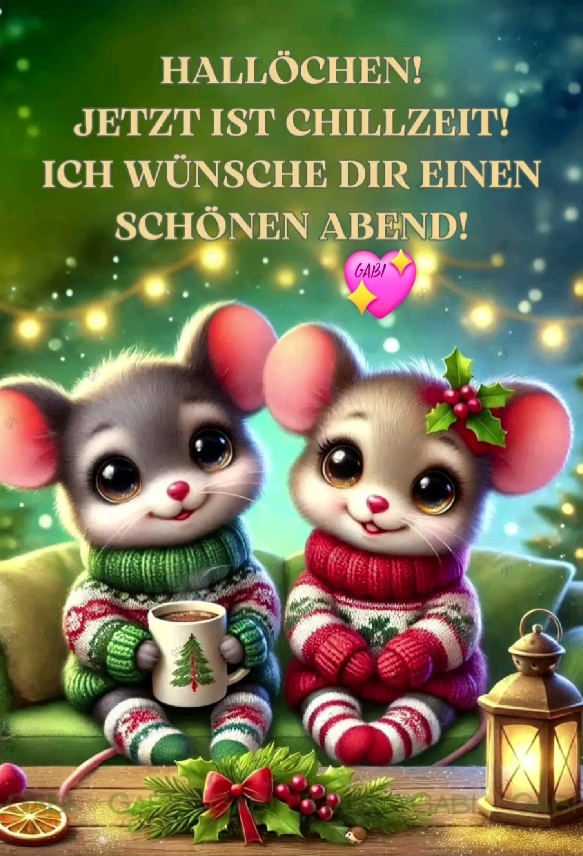 Einladung zum Entspannen - Guten-Abend-Grußbild mit süßen Mäusen