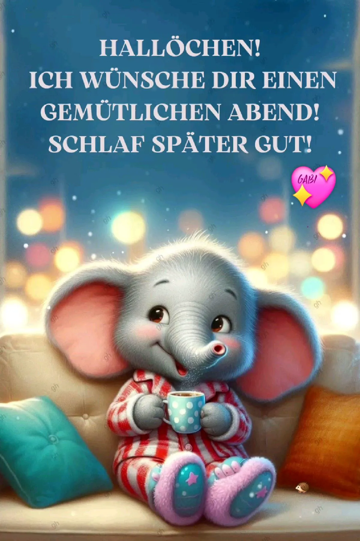 Hallöchen! Gemütlichen Abend & Schlaf gut – Dein Guten-Abend-Grußbild