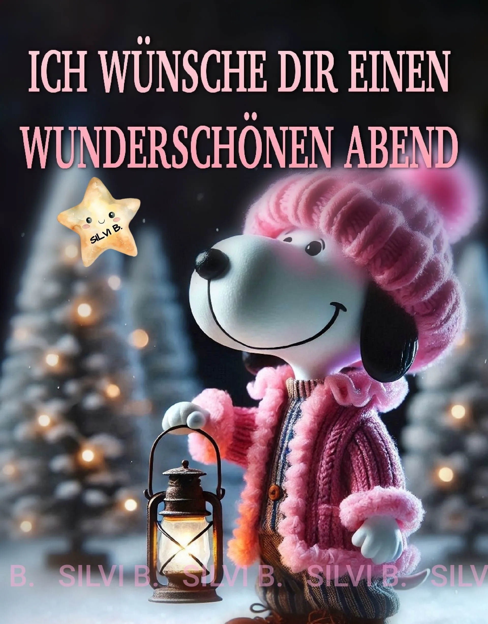 Ein cartoonähnliches Bild von Snoopy in rosa Kleidung, der eine Laterne hält und einen wunderschönen Abend wünscht.