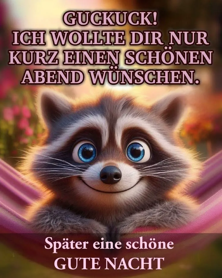 Niedliches Cartoon-Waschbär-Bild mit großen blauen Augen und freundlichem Lächeln, das aus einer pinken Hängematte schaut. Ein schönes Guten-Abend-Grußbild.