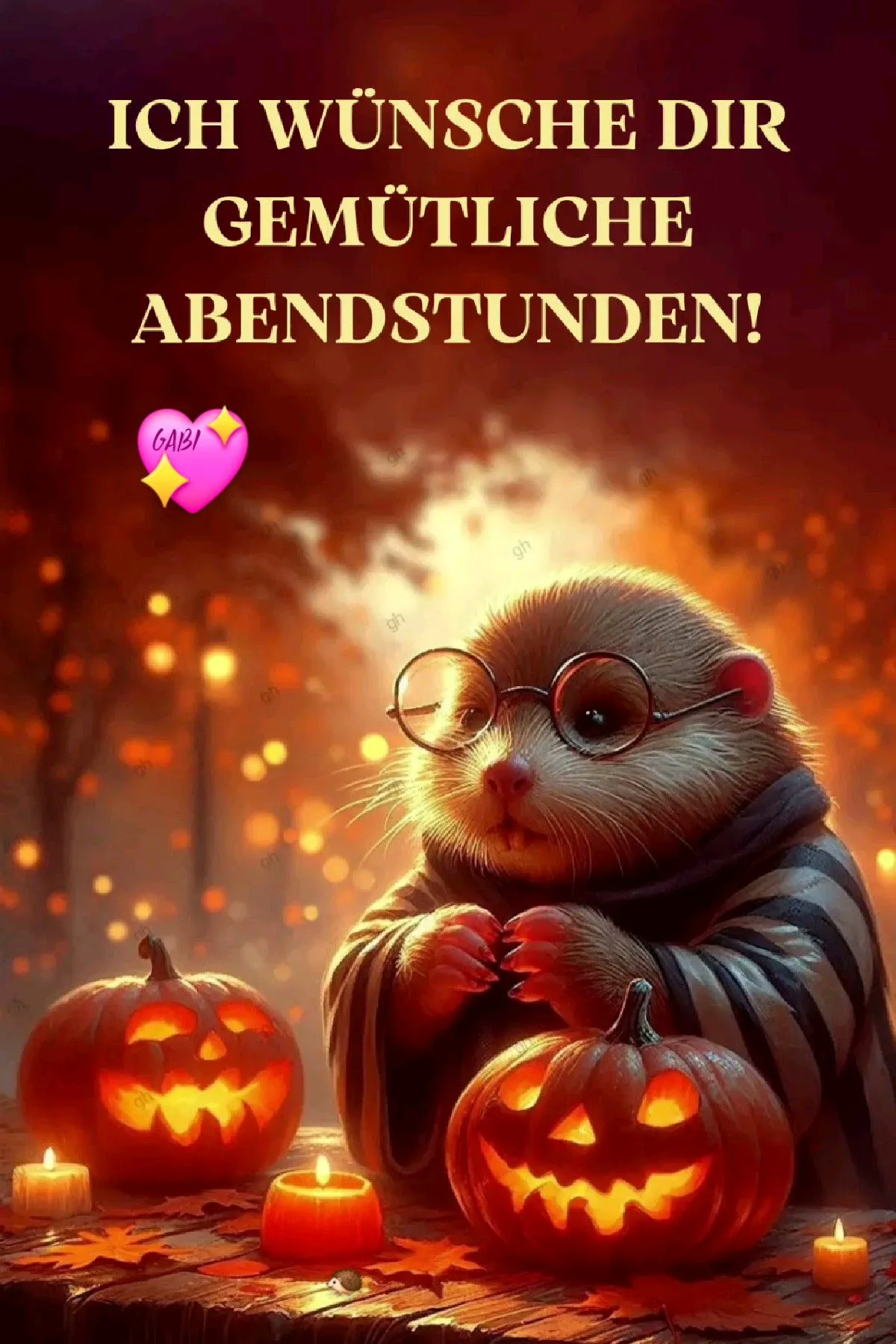 Ein niedliches Eichhörnchen mit Brille sitzt neben zwei ausgehöhlten Kürbissen und Kerzen, umgeben von herbstlichen Blättern und einem warmen, flackernden Licht.