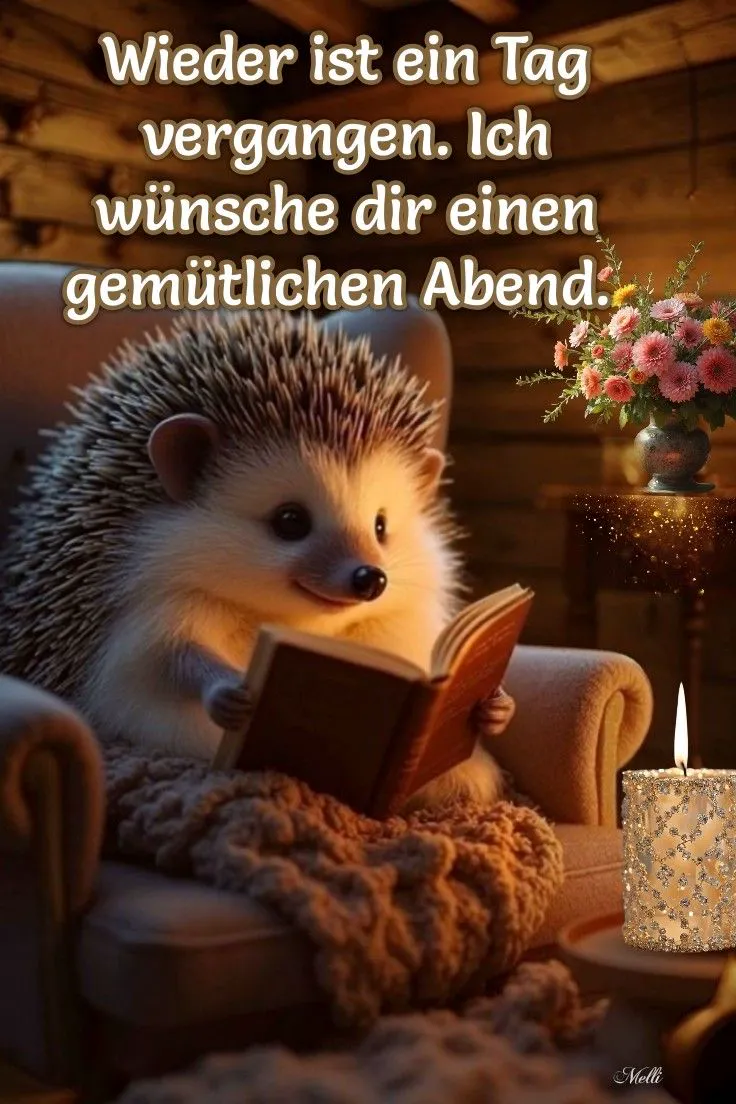Ein Igel sitzt in einem Sessel, liest ein Buch und neben ihm brennt eine Kerze.
