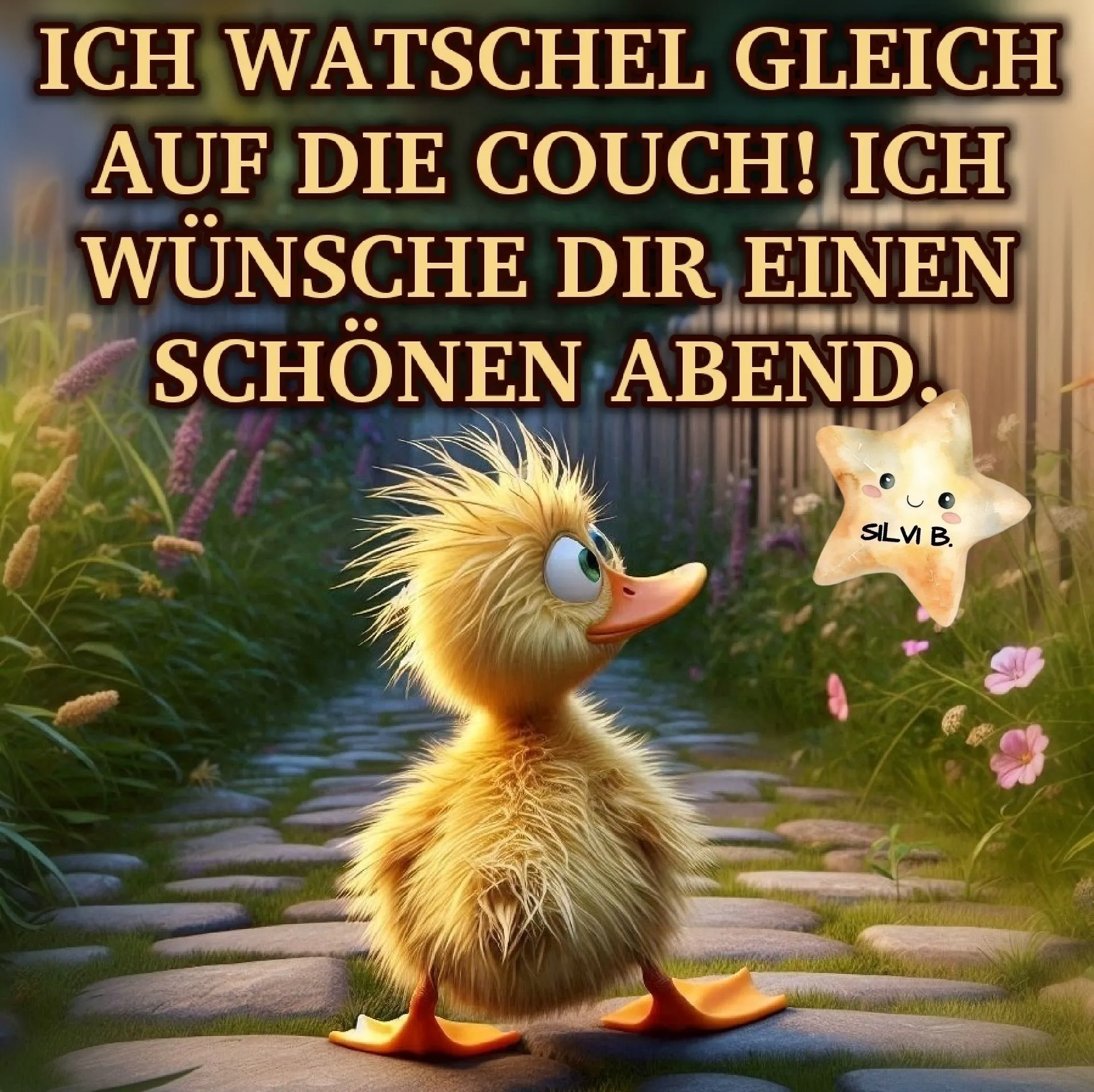 Schönen Abend! Lustiges Grußbild mit Wünschen zum Entspannen.