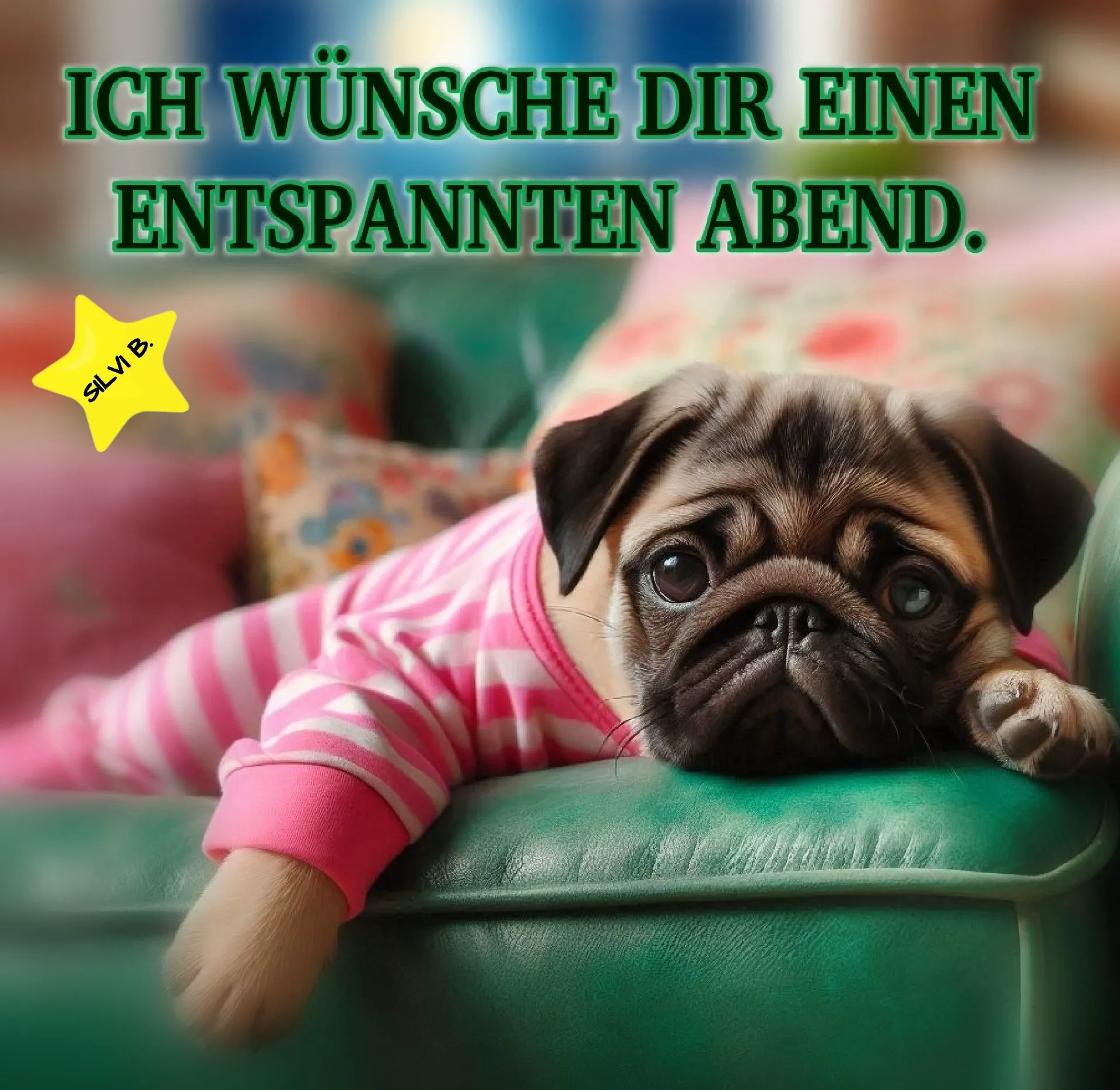 Entspannter Abend: Süßes Guten-Abend-Grußbild mit Wünschen zum Teilen