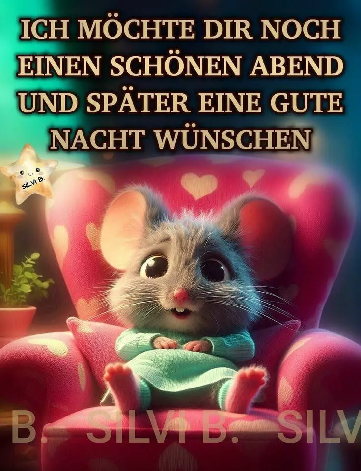 Niedliche Cartoon-Maus im mintgrünen Pulli sitzt lächelnd in einem gemütlichen, pinken Sessel mit Herzmuster. Dazu ein herzlicher Guten-Abend- und Gute-Nacht-Gruß.