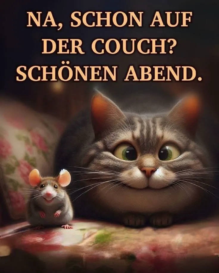 Lustiges Bild von einer dicken, lächelnden Katze und einer kleinen Maus, die gemütlich auf einem Sofa sitzen. Perfekt für einen schönen Abendgruß zum Verschicken.