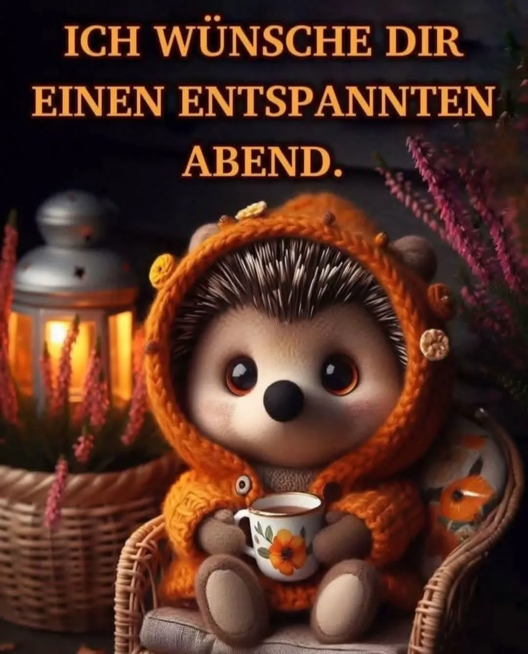 Niedlicher Igel in orangem Hoodie auf einem Korbstuhl mit Teetasse. Im Hintergrund leuchtet eine Laterne und lila Heidekraut. Ein gemütliches Guten-Abend-Bild zum Teilen.