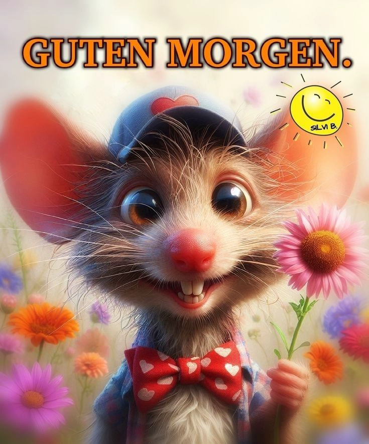 Niedliches Grußbild guten-morgen: Eine lächelnde Maus mit Kappe und Fliege hält eine pinke Blume vor buntem Blumenfeld, ideal für süße Morgengrüße.