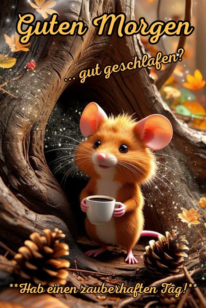 Niedliches orangefarbenes Mäuschen mit Kaffeetasse vor Baumstamm und Herbstlaub. Ein Guten-Morgen-Grußbild mit Wünschen für einen schönen Start in den Tag.