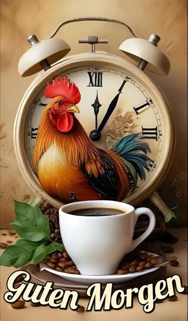 Guten-Morgen-Grußbild mit farbenfrohem Hahn, Wecker, Kaffeetasse und Bohnen. Perfekt, um einen schönen Start in den Tag zu wünschen.