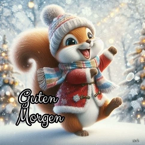 Ein süßes Eichhörnchen mit Mütze und Schal tanzt im verschneiten Winterwald. Dieses Guten-Morgen-Grußbild wünscht einen schönen Start in den Tag.
