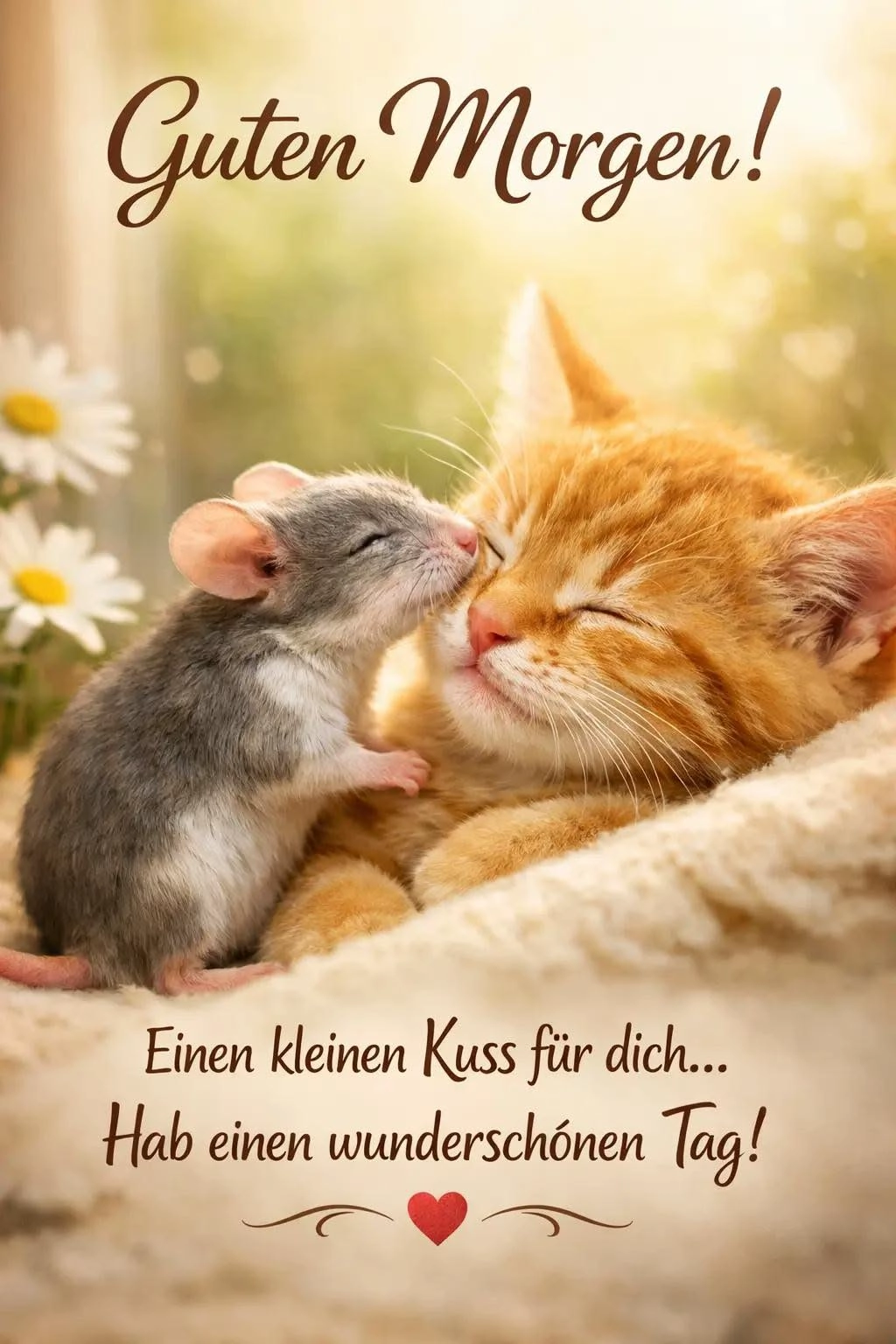 Ein süßes Guten-Morgen-Grußbild mit einem Mäuschen, das eine schlafende orange Katze sanft küsst. Wünsche für einen wunderschönen Start in den Tag.