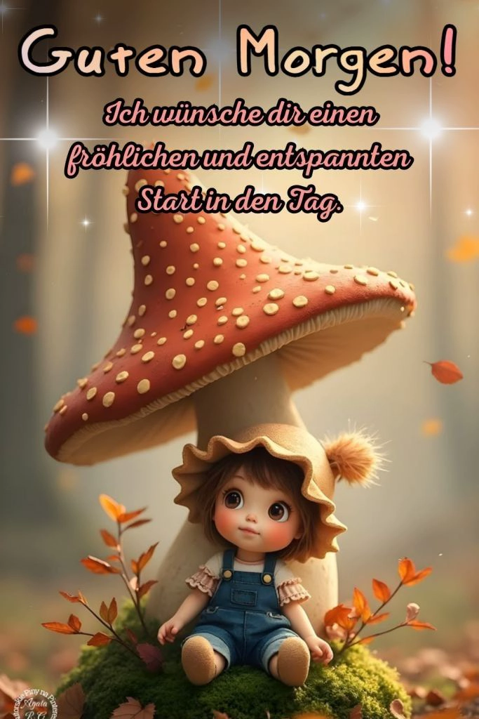Guten-Morgen-Grußbild mit einer niedlichen Puppenfigur unter einem roten Pilz, umgeben von Herbstlaub. Es wünscht einen fröhlichen und entspannten Start in den Tag.