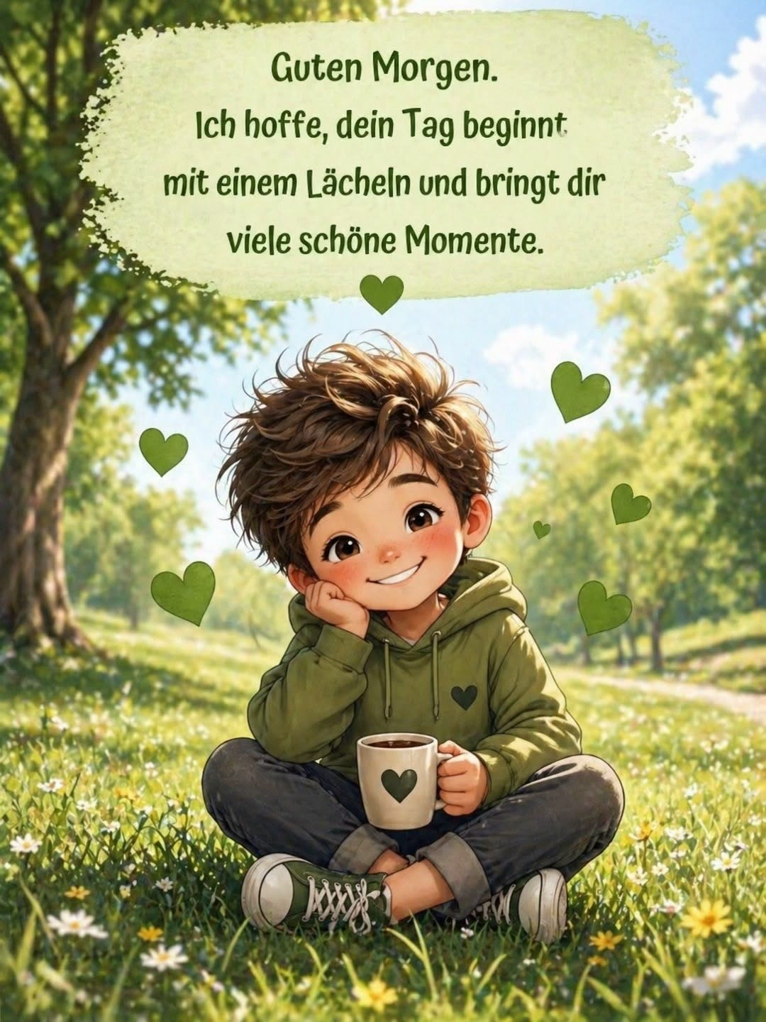Ein niedlicher Junge sitzt lächelnd auf einer Blumenwiese und hält eine Tasse. Grünes Guten-Morgen-Grußbild mit Wünschen für einen schönen Start in den Tag.