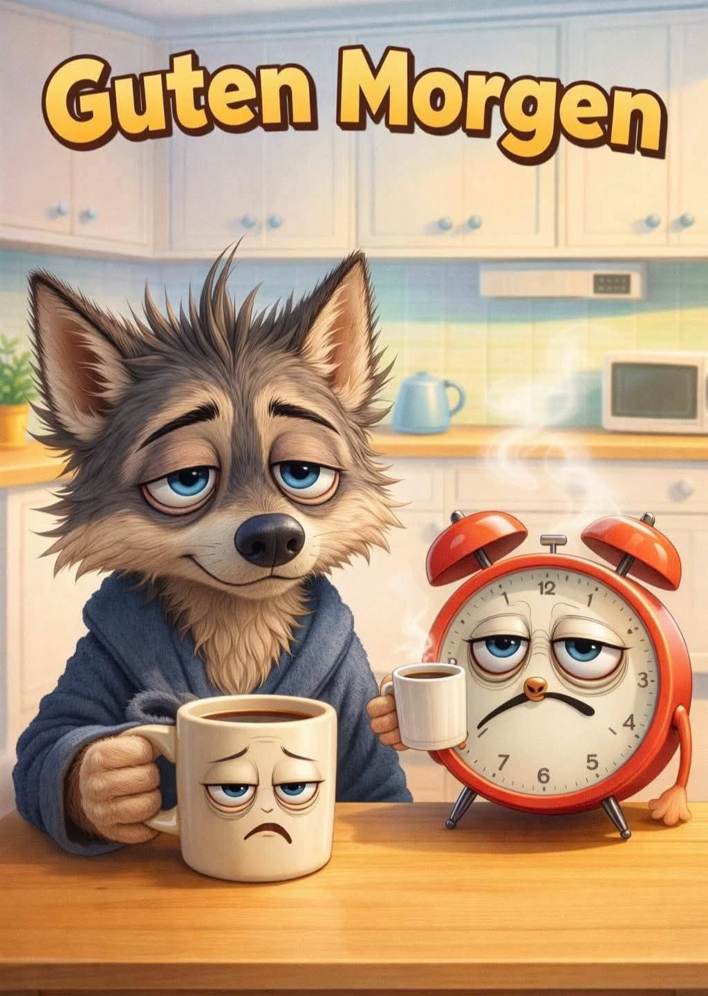 Ein humorvolles Guten-Morgen-Grußbild: Ein verschlafener Wolf im Bademantel und ein müder Wecker trinken Kaffee. Perfekt für einen entspannten Start in den Tag.