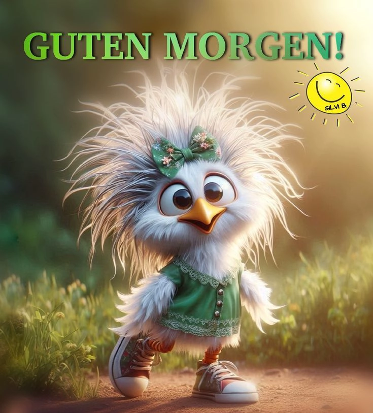 Ein niedliches Guten-Morgen-Grußbild zeigt ein flauschiges Cartoon-Küken mit zerzausten Federn, grünem Kleid und Turnschuhen. Perfekt für einen fröhlichen Start in den Tag.