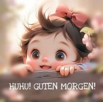 Süßes Guten-Morgen-Grußbild mit einem lächelnden Baby und großer rosa Schleife, das „Huhu! Guten Morgen!“ wünscht. Für einen schönen Start.