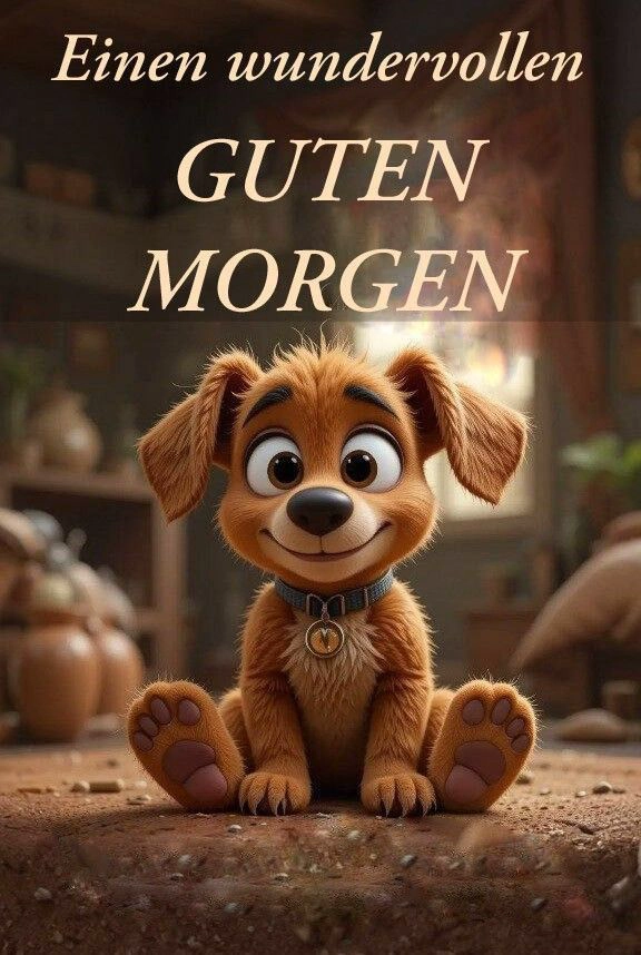 Ein fröhliches Guten-Morgen-Grußbild mit einem süßen, lächelnden Cartoon-Hund, der einen wundervollen Start in den Tag wünscht.