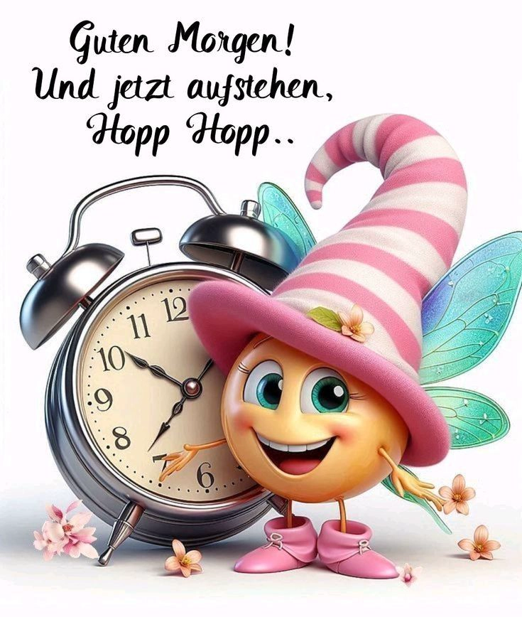 Ein fröhliches Guten-Morgen-Grußbild mit einem lächelnden Emoji-Wichtel, der neben einem Wecker zum Aufstehen auffordert. Perfekt für einen schönen Start in den Tag.