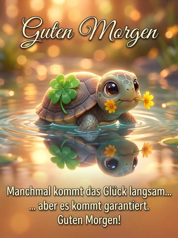 Niedliches Guten-Morgen-Grußbild: Eine kleine Schildkröte mit vierblättrigem Kleeblatt und gelben Blüten spiegelt sich im Wasser. Ideal für einen glücklichen Start in den Tag.