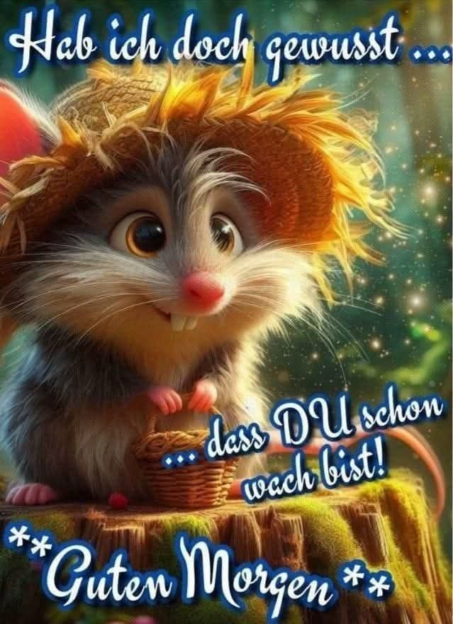 Niedliches Guten-Morgen-Grußbild mit einer lächelnden Maus im Strohhut, die einen Korb hält, um einen schönen Start in den Tag zu wünschen.