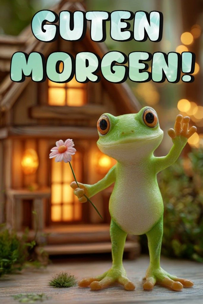 Ein fröhliches Guten-Morgen-Grußbild zeigt einen niedlichen Frosch, der eine rosa Blume hält und winkt, vor einem beleuchteten Holzhaus. Perfekt für einen schönen Start in den Tag.