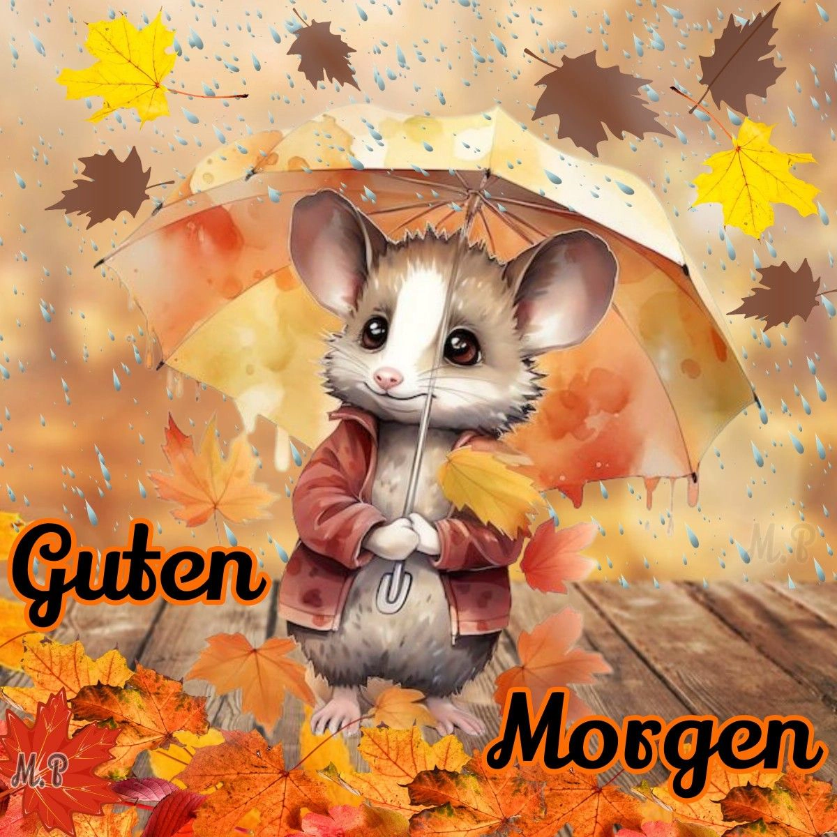 Ein niedliches Mäuschen mit Regenschirm im herbstlichen Regen, umgeben von bunten Blättern. Ein fröhliches Guten-Morgen-Grußbild, perfekt für einen schönen Start in den Tag.