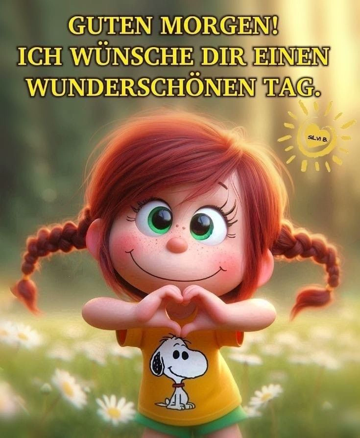 Fröhliches Guten-Morgen-Grußbild mit süßem Cartoon-Mädchen, das ein Herz formt. Rote Zöpfe, Snoopy-Shirt auf Blumenwiese. Perfekt für einen schönen Start in den Tag.