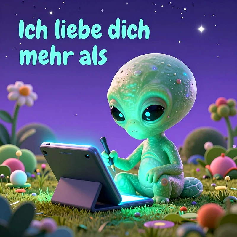 Eine kleine grüne Alienfigur mit großen dunklen Augen zeichnet mit einem Stift auf einem leuchtenden Tablet inmitten einer fantastischen Blumenwiese bei sternenklarer Nacht unter dem Text Ich liebe dich mehr als.