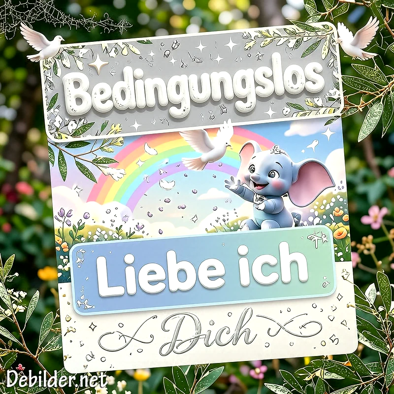Ein hängendes Schild im Garten mit einem niedlichen blauen Elefanten, Regenbogen und weißen Tauben. Der Text lautet Bedingungslos Liebe ich Dich in freundlicher, farbenfroher Illustration inmitten von blühenden Pflanzen.